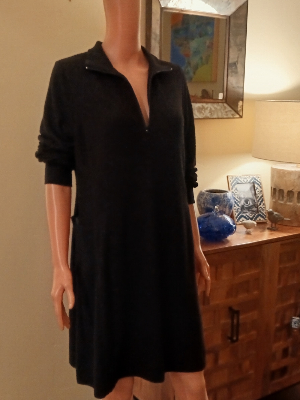CAbi Black & Burgundy Long-Sleeve Zip Polo Knit Dress/Sweater Dress